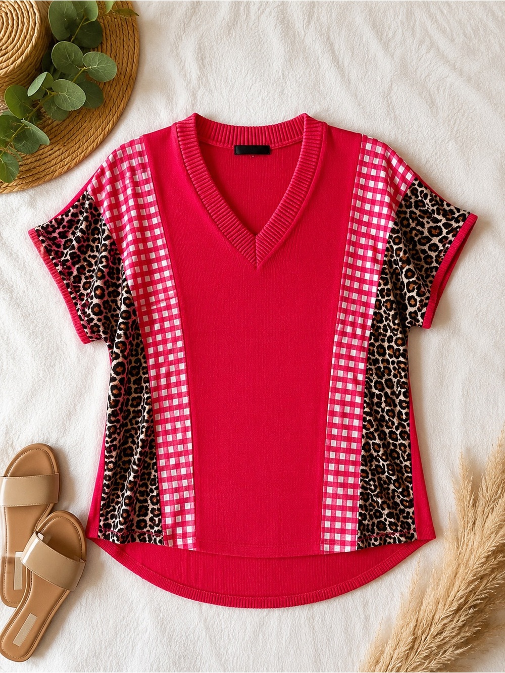 ♥️NWT Hemish USA Raspberry Red Mixed Print Ribbed Top Leopard Gingham Sz Small♥️